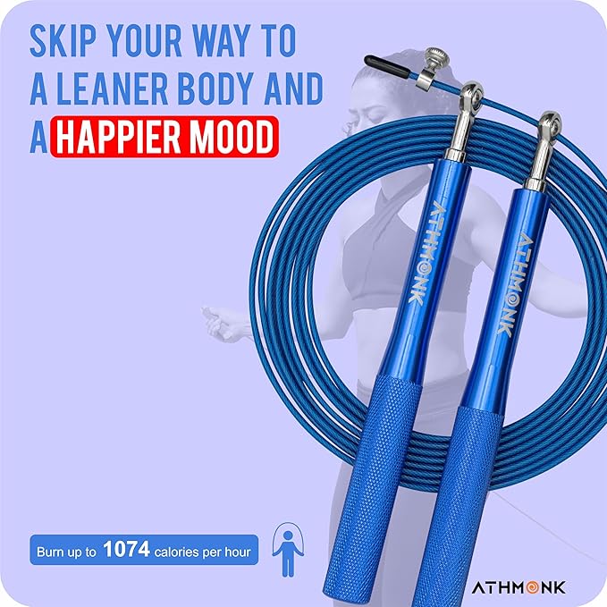 Athmonk Steel Wire High Speed Skipping Rope For Men & Women - Jumping Rope For Exercise - Metal Handle - Tangle Free 10ft Long Adjustable